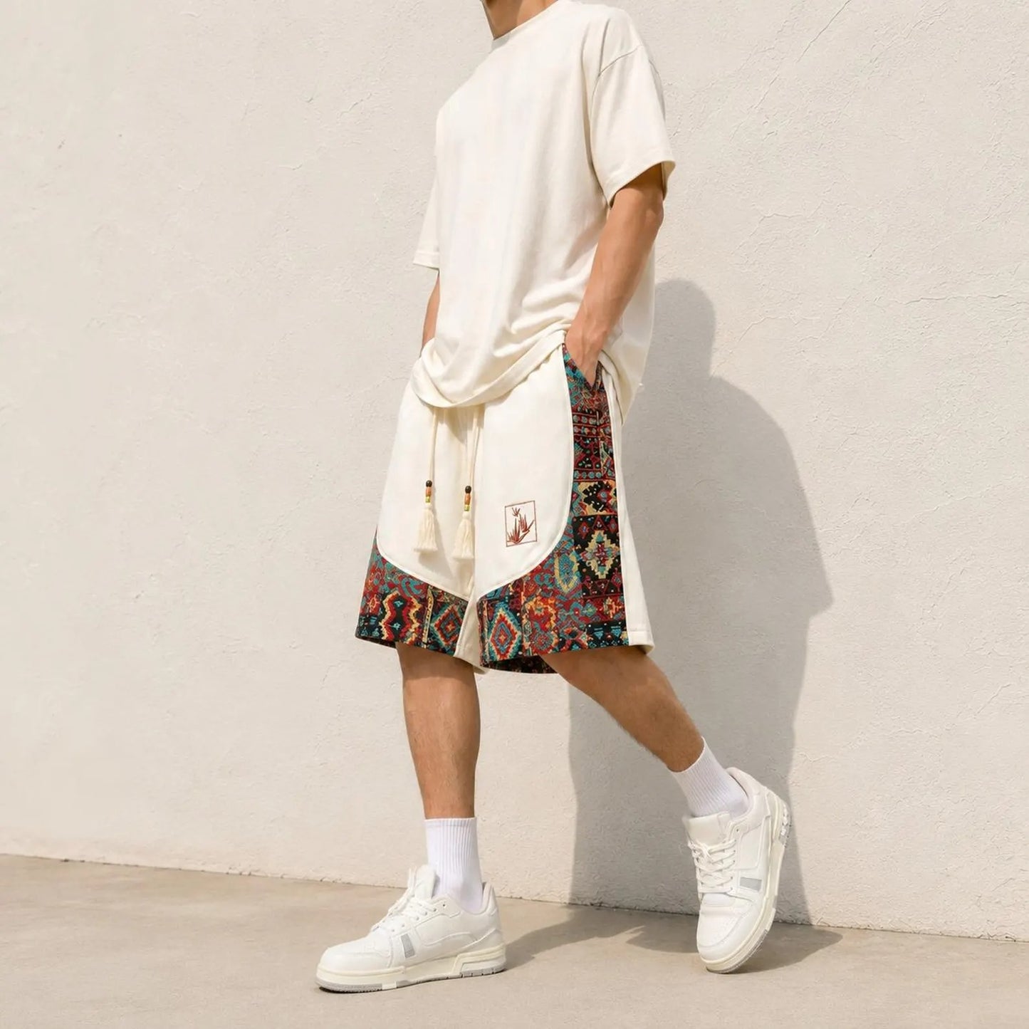 Men's Boho Patchwork Shorts, Tribal Pattern Summer Shorts
