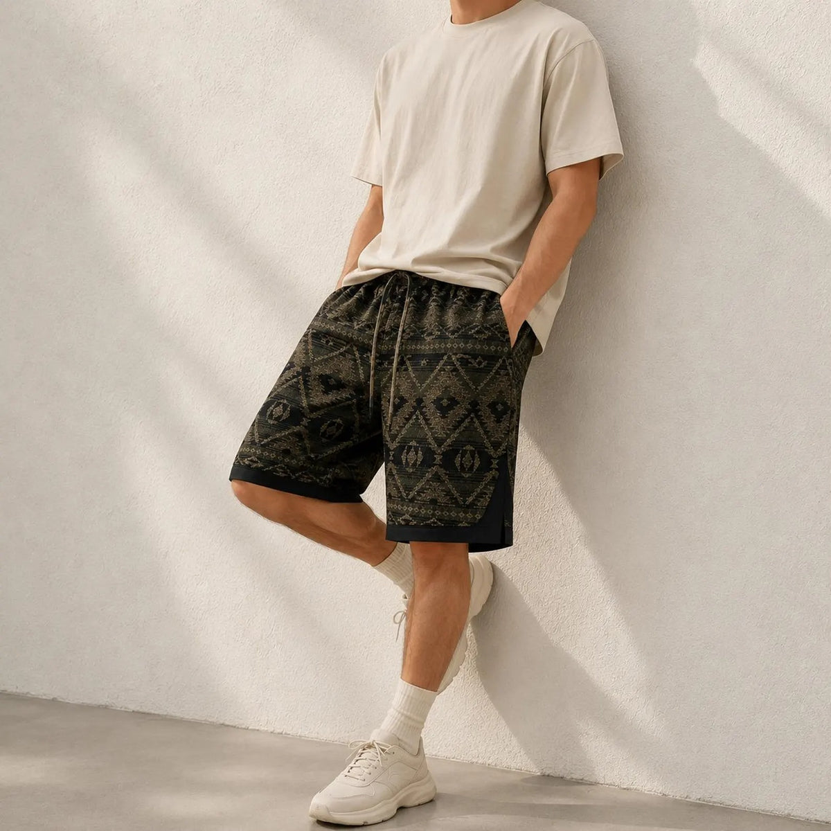 Men's Geometric Tribal Print Shorts,  Drawstring Waist Summer Short