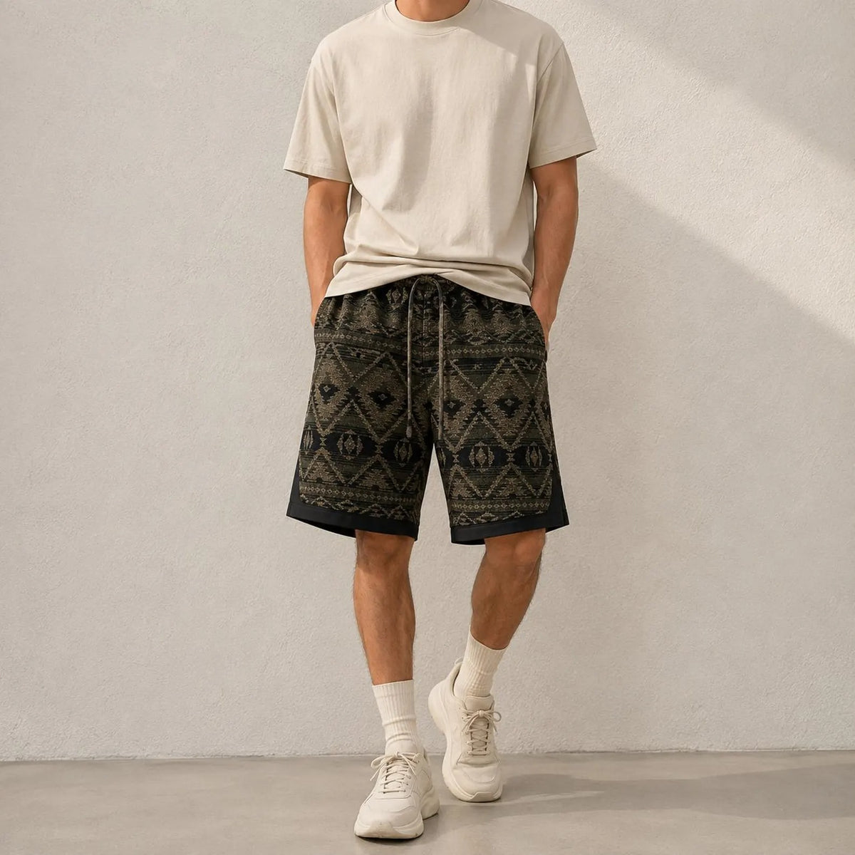 Men's Geometric Tribal Print Shorts,  Drawstring Waist Summer Short