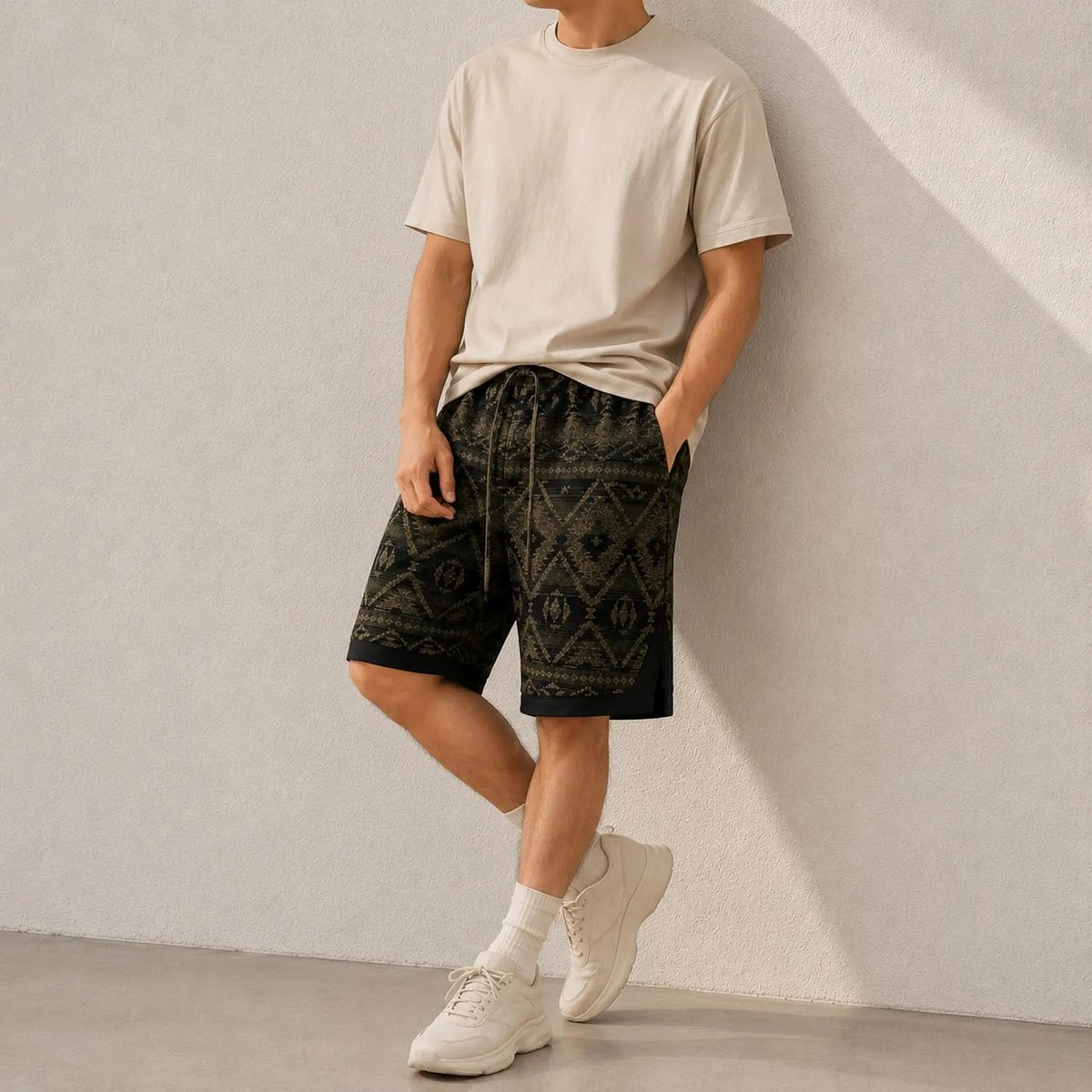 Men's Geometric Tribal Print Shorts,  Drawstring Waist Summer Short