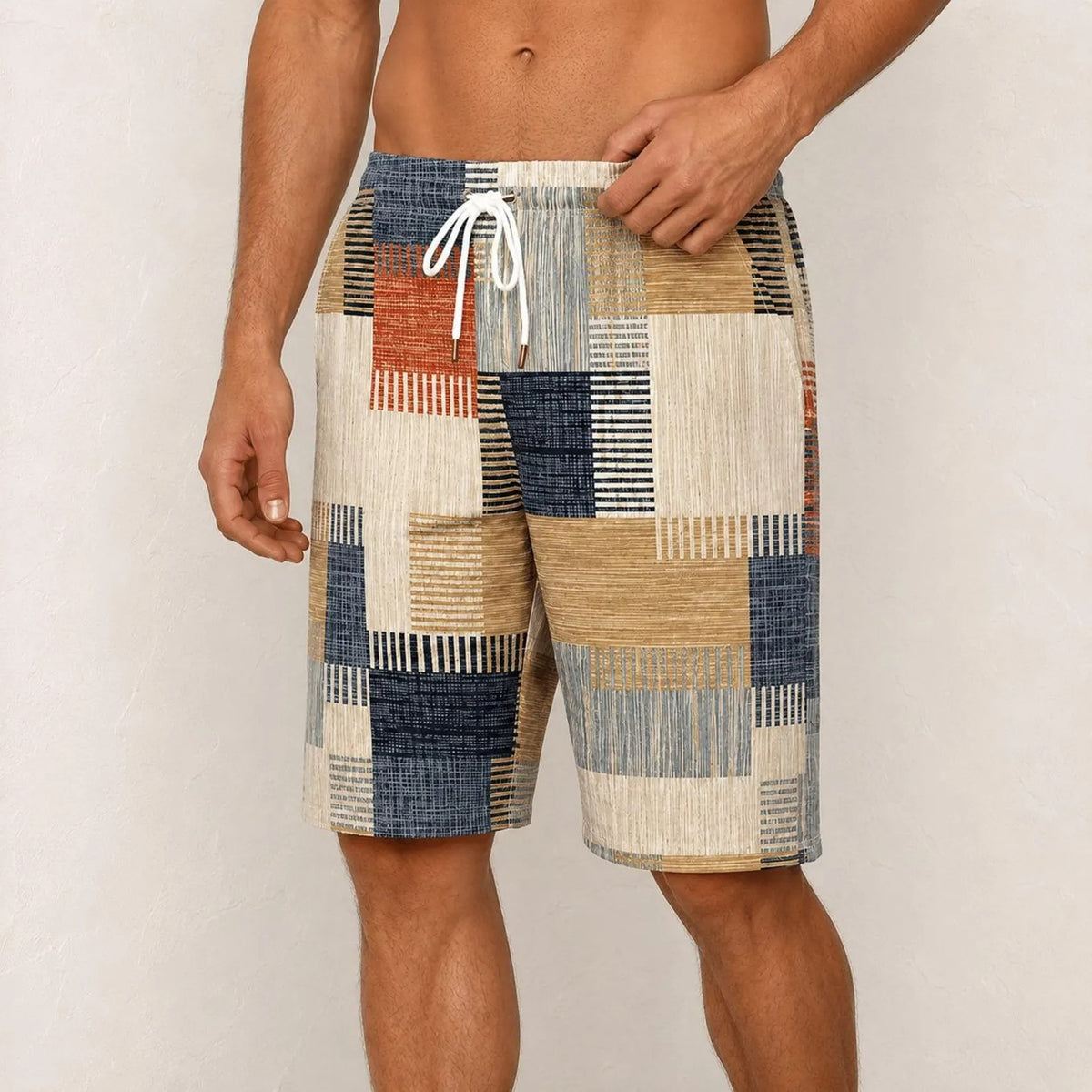Men's Geometric Print Shorts , Patchwork Design Summer Shorts,