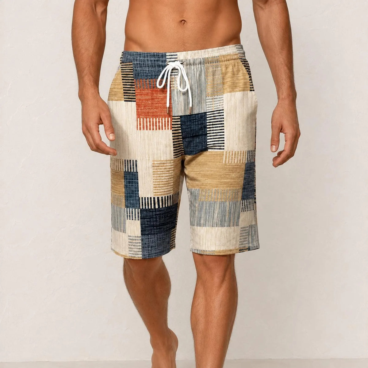 Men's Geometric Print Shorts , Patchwork Design Summer Shorts,