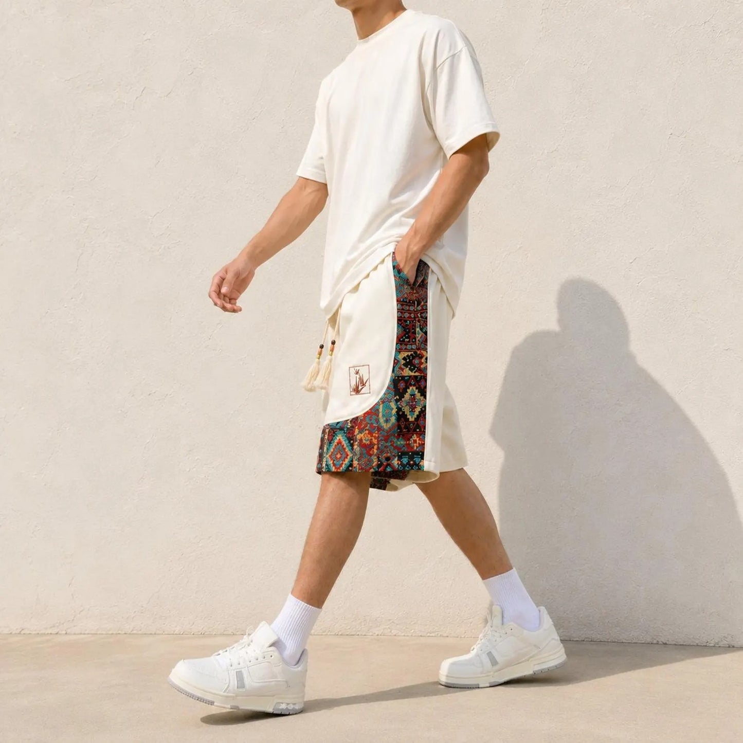Men's Boho Patchwork Shorts, Tribal Pattern Summer Shorts
